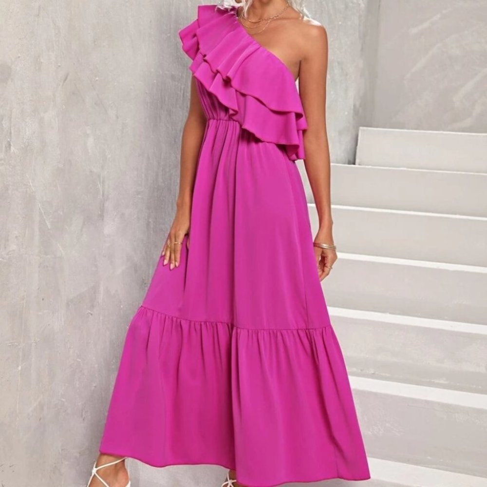 Stunning Pink Ruffled Detailed One Shoulder Maxi Dress - Picture 1 of 5